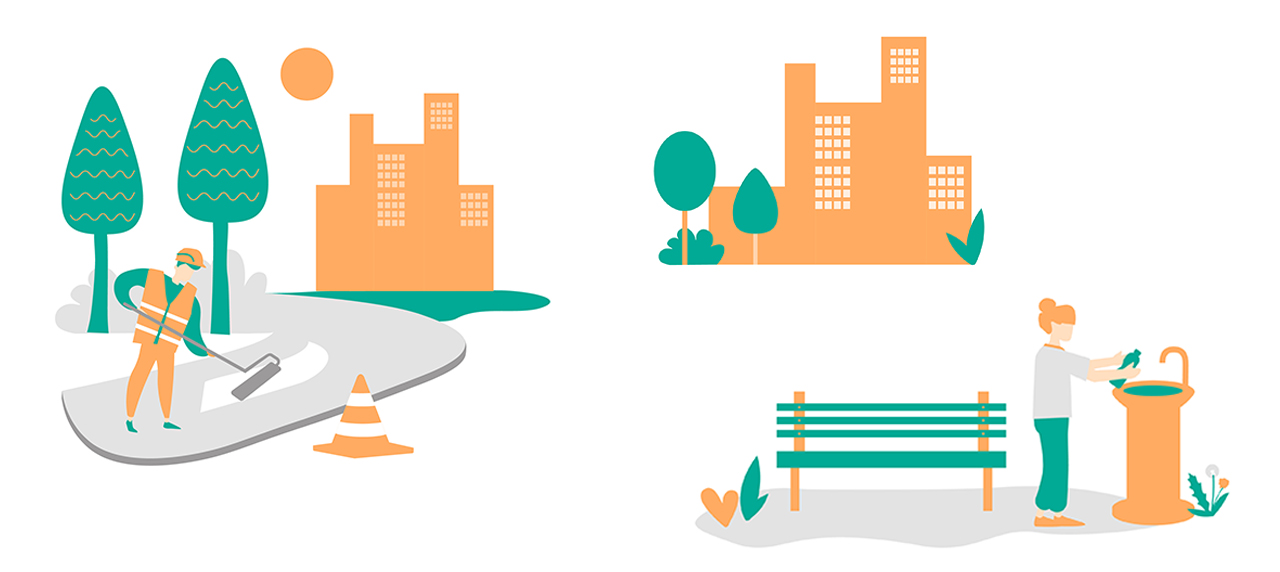 dessin orange et vert avec un parc et une personne qui balaie par terre
