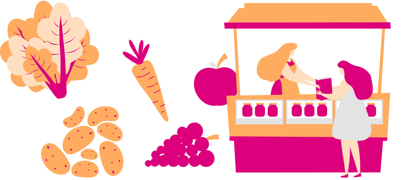 dessins orange et rose avec étal de marché et légumes