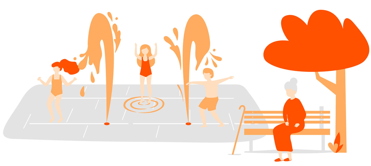 dessin en orange et rouge avec jets d'eau et personne âgée sous un arbre