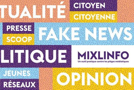 mots tels que fake news, actualité, politique écrits sur des fonds de couleur