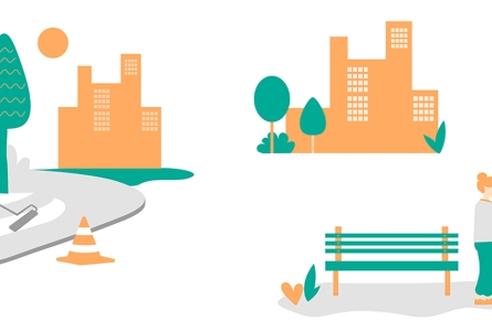 dessin orange et vert avec un parc et une personne qui balaie par terre