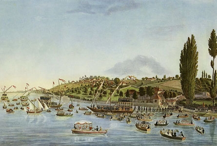Dessin de Dubois représentant l'arrivée des Suisses au Port Noir le 1er Juin 1814.