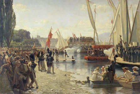 Peinture de Dufaux représentant l'arrivée des Suisses au Port Noir le 1er Juin 1814.