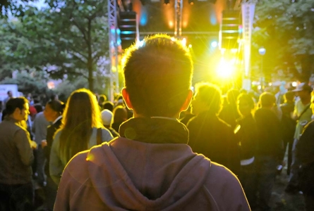 Un homme de dos regarde un concert sur une scène au loin