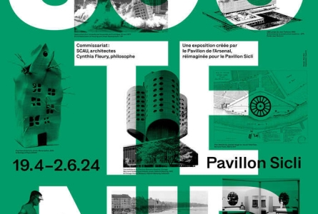 Affiche de l'exposition "Soutenir" de la Fondation Pavillon Sicli du 19 avril au 2 juin 2024. Elle est verte et présente plusieurs oeuvres présenté