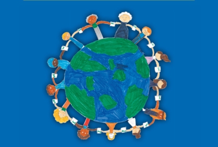 Dessin d'enfant qui représente une planète sur laquelle se tiennent des enfants de tout pays qui se tiennent par la main.