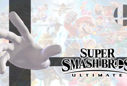 Illustration des personnages de Super Smash Bros, avec la main gantée de Mario au premier plan