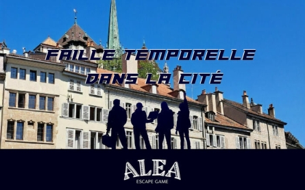 Photo de la place du Bourg-de-Four dans la Vieille-Ville de Genève avec 4 silhouettes de joueurs ; Titre: Faille Temporelle dans la Cité ; Logo: Ale