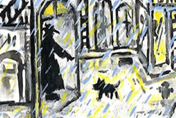 dessin en noir, jaune et bleu d'une personne avec chapeau et son chien