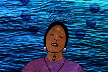 dessin de femme amérindienne qui ferme les yeux sur fond d'eau