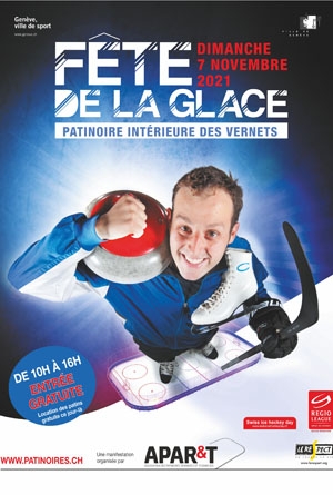 affiche avec homme tenant un bloc de curling, un patin à glace sur l'épaule et une canne de hocckey dans la main