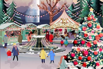 dessin d'ambiance de Noël avec sapin décoré et petits chalets