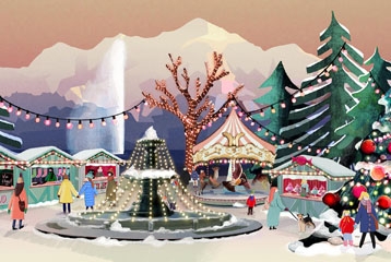 visuel dessiné ambiance de Noël avec carrousel et sapins