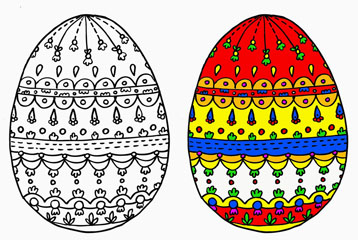 deux oeufs de Pâques dessinés, l'un en noir et blanc et l'autre en couleurs