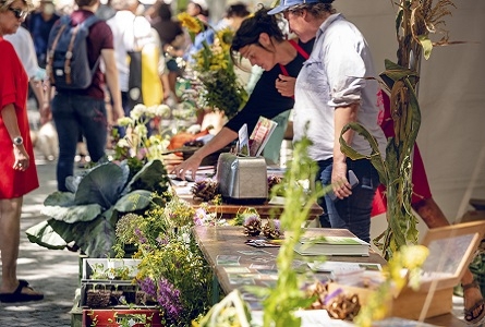 personnes devant un stand avec fleurs et légumes