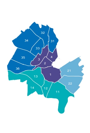 carte de la ville en couleurs avec division par secteurs