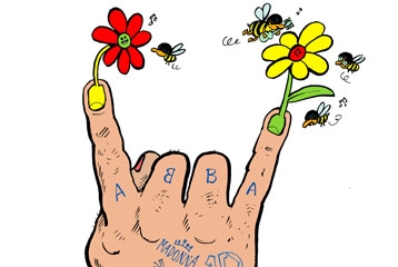 dessin d'une main avec des fleurs au bout des ongles, des abeilles et ABBA marqué sur les phalanges