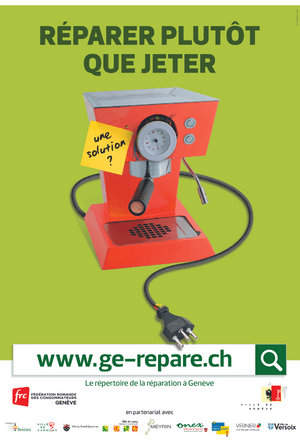 affiche de la campagne réparer plutôt que jeter : une machine à café avec un post-it "une solution? + lien vers ge-repare.ch