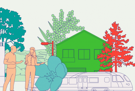 Dessin : Une femme et un homme sur un fond avec un train, une fleur, des arbres et un logement