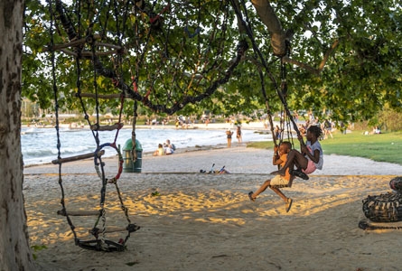 enfants qui jouent sur des balançoires pendues à des arbres, avec du sable en dessous