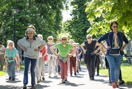 Des seniors marche dans un parc en faisant des étirements musculaires.