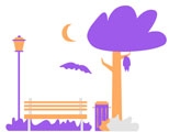 Illustration d'un banc sous un arbre de nuit avec une chauve-souris.