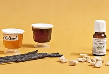 pots avec l'inscription "Tilleul", petit pot d'huiles essentielles, gousses de vanille et cacahuètes disposés sur un fond jaune