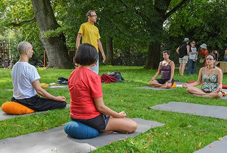 Des élèves lors d'un cours de yoga en plein air