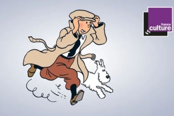 dessin de Tintin qui court avec Milou à ses côtés