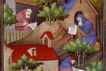 dessin médiéval avec personnages et plantes