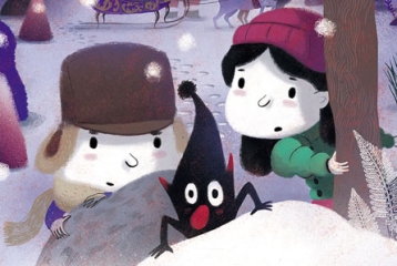 dessin de personnages dans la neige avec un petit lutin noir
