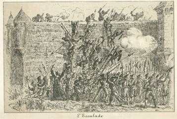 Illustration de l'escalade: Les savoyard escalade les murs de la Ville de Genève avec des échelles.